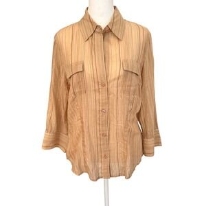 Mossimo Women Button Down‎ Shirt M 3/4 Sleeves Sheer Tan Striped Cotton Office